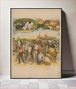 Πίνακας, Cow, pigs, horses with fair buildings in the background framed by chickens and produce (1900)
