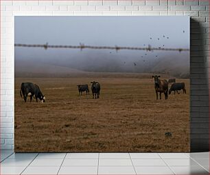 Πίνακας, Cows Grazing in a Foggy Field Αγελάδες που βόσκουν σε ένα ομιχλώδες χωράφι