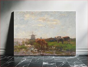 Πίνακας, Cows near stream in meadow landscape; windmill in distance; guilded gold frame