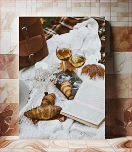 Πίνακας, Cozy Autumn Picnic with Wine and Croissants Άνετο φθινοπωρινό πικνίκ με κρασί και κρουασάν