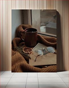 Πίνακας, Cozy Window Scene with Coffee and Glasses Ζεστή σκηνή παραθύρου με καφέ και ποτήρια