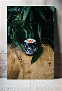 Πίνακας, Cup on Wooden Table with Green Leaves Κύπελλο σε ξύλινο τραπέζι με πράσινα φύλλα
