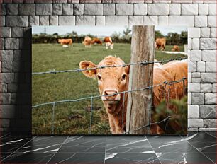 Πίνακας, Curious Cow by the Fence Περίεργη αγελάδα δίπλα στον φράχτη