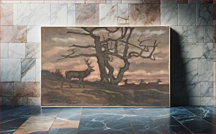 Πίνακας, Deer and Tree Against Sunset by Antoine-Louis Barye