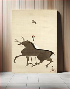 Πίνακας, Deer, crane and bat (19th century) vintage Japanese painting by Suzuki Kiitsu