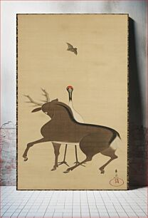 Πίνακας, Deer, Crane and Bat during 19th century by Suzuki Kiitsu