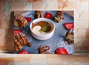 Πίνακας, Delectable Dessert Platter with Strawberries and Chocolate Sauce Απολαυστική πιατέλα γλυκού με φράουλες και σάλτσα σοκολάτας