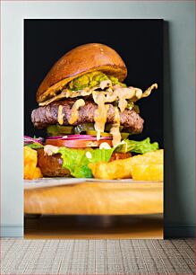 Πίνακας, Delicious Burger with Fries Νόστιμο Burger με πατάτες