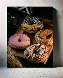 Πίνακας, Delicious Donuts on Wooden Board Νόστιμα ντόνατς σε ξύλινη σανίδα