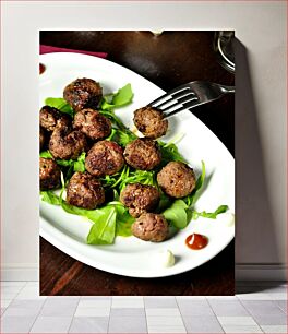 Πίνακας, Delicious Meatballs on Greens Νόστιμα κεφτεδάκια σε χόρτα