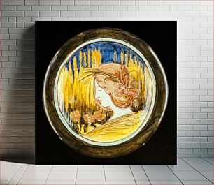Πίνακας, Della Robbia Dish, ceramic, design shows woman's head with garland of wheat, this super-imposed on a wheat-field backgorund, incised design, blue, rose, green, yellow, white glazes, pooter, red clay