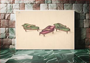 Πίνακας, Design for Three Reclined Reading Sofas with Trays, on Casters, Upholstered in Green and Red