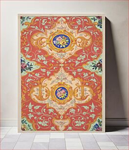 Πίνακας, Design for wallpaper featuring strapwork, rinceaux, and cartouches filled with bouquets of roses by Jules Lachaise and Eugène Pierre Gourdet