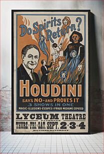 Πίνακας, Do spirits return? Houdini says no - and proves it. 3 shows in one : magic, illusions, escapes = fraud mediums exposed