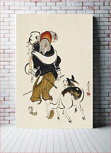 Πίνακας, Dog barking at a monkey trainer (19th century) vintage painting by Shibata Zeshin