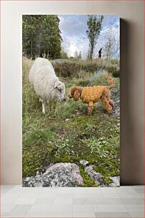Πίνακας, Dog Meets Sheep in Nature Ο σκύλος συναντά τα πρόβατα στη φύση