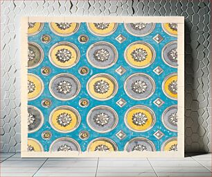 Πίνακας, Draft for a ceiling with circular cassettes, alternating in yellow and violet on a blue background (1743 – 1809), vintage pattern illustration by Nicolai Abildgaard