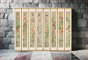 Πίνακας, Eight panel screen; lotus leaves with pink blossoms and foliage in pond; blue and black birds perched on or hovering around blossoms; each panel has unique image