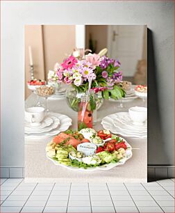 Πίνακας, Elegant Table Setting with Floral Arrangement and Appetizer Platter Κομψό τραπεζάκι με λουλουδάτη σύνθεση και πιατέλα ορεκτικών