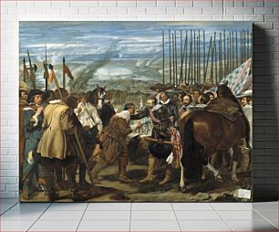 Πίνακας, Español: La obra representa el momento en que Justino de Nassau rindió la ciudad de Breda, en 1625, a las tropas españolas al mando del general Ambrosio Spínola, que aparece recibiendo las llaves de la ciudad de