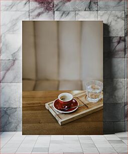 Πίνακας, Espresso and Water on Wooden Tray Εσπρέσο και νερό σε ξύλινο δίσκο