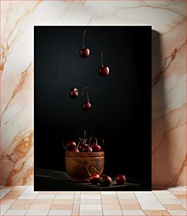 Πίνακας, Falling Cherries in a Wooden Bowl Κεράσια που πέφτουν σε ένα ξύλινο μπολ