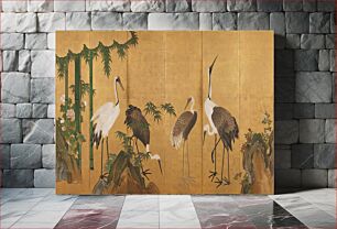 Πίνακας, Family of cranes; rocks at R with white and red roses; bamboo fronds and rocks along bottom; large bamboo trees at L with peony blossoms; gold foil background