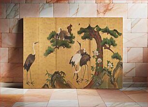 Πίνακας, Family of cranes under the boughs of a pine tree against gold background; rocks and bamboo leaves along bottom; peony blossoms at R