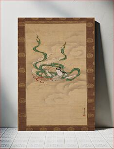 Πίνακας, Female figure soaring through clouds with long, trailing green sash; short wooden wand in each hand; strings of beads wafting around waist