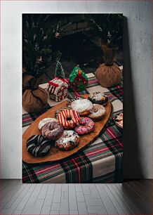 Πίνακας, Festive Donuts on Holiday Table Γιορτινοί λουκουμάδες στο γιορτινό τραπέζι