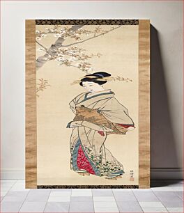 Πίνακας, Figure on tan ground in floral kimono with red undergarment showing on sleeve and around legs; under a cherry blossom tree in UL; ivory roller ends