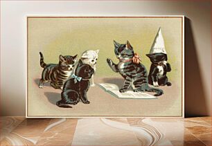Πίνακας, Five cats, one sitting with a dunce cap while one reads from a book to the other three (1870–1900), vintage animal illustration