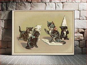 Πίνακας, Five cats, one sitting with a dunce cap while one reads from a book to the other three