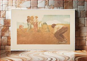 Πίνακας, five farmers harvesting grain--two standing, three bending over