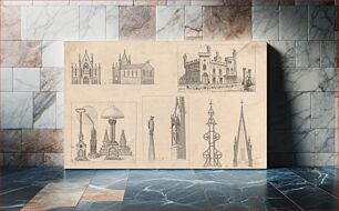 Πίνακας, Five Sketches of: A Gothic Church, Spires, a Fortification and Decorative Objects