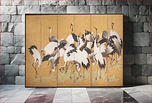 Πίνακας, Flock of white and grey cranes against gold ground standing and preening