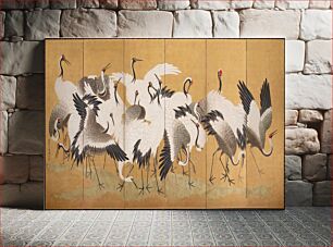 Πίνακας, Flock of white and grey cranes, some with red at eyes and forehead, against a gold background; cranes stand, preen, and walk