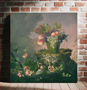 Πίνακας, Flower basket with fruit by a tree stump by Hermania Sigvardine Neergaard