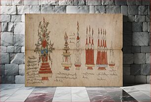 Πίνακας, Four Manuscript Pages with Ceremonial Offering Cakes (Torma) and Ritual Objects