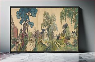 Πίνακας, [Four panels depicting an estate, gardens, birds, and pond]
