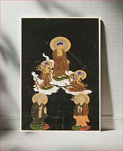 Πίνακας, Framed: male figure in draping brown robes, large double halos, standing on cloud at UC with PR hand up, and PL down; two golden rays emanate from forehead to LR; two attendants in robes on either side of figure