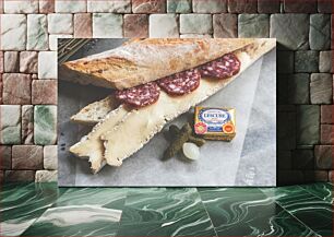 Πίνακας, French Baguette with Cheese and Sausage Γαλλική μπαγκέτα με τυρί και λουκάνικο