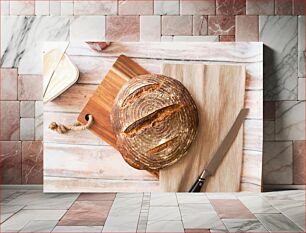 Πίνακας, Fresh Baked Bread on Cutting Board with Knife Φρέσκο ​​ψημένο ψωμί σε σανίδα κοπής με μαχαίρι