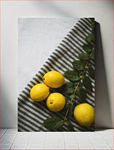 Πίνακας, Fresh Lemons on Striped Cloth Φρέσκα λεμόνια σε ριγέ πανί