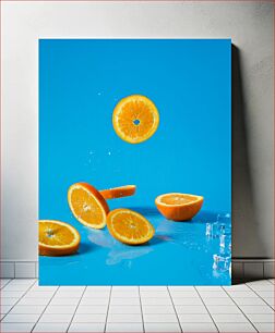 Πίνακας, Fresh Orange Slices on Blue Background Φρέσκες φέτες πορτοκαλιού σε μπλε φόντο