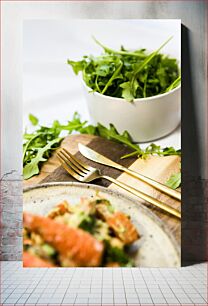 Πίνακας, Fresh Salad with Gold Cutlery Φρέσκια σαλάτα με χρυσά μαχαιροπίρουνα