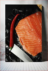 Πίνακας, Fresh Salmon with Chili and Knife Φρέσκος σολομός με τσίλι και μαχαίρι