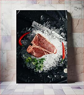 Πίνακας, Fresh T-bone Steak on Ice Φρέσκια μπριζόλα T-bone στον πάγο