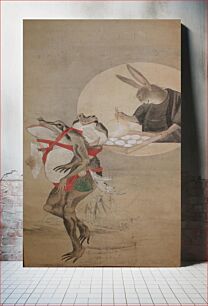 Πίνακας, Frog at LL strutting on two long legs, holding open fan in PR hand, balancing white mochi in mouth; young frog swaddled to back with red cords carrying bag of mochi balls; rabbit in black robes in round vignette