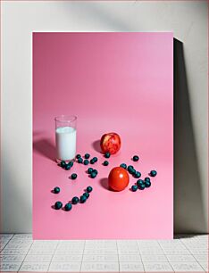 Πίνακας, Fruits with Milk on Pink Background Φρούτα με γάλα σε ροζ φόντο